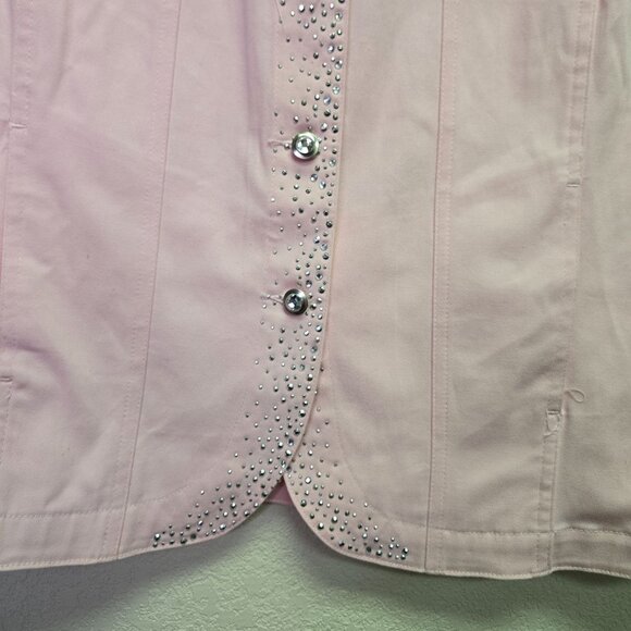 Quacker Factory Pink Rhinestone Embellished Sleeveless Button Up Shirt Large Art - Picture 4 of 12